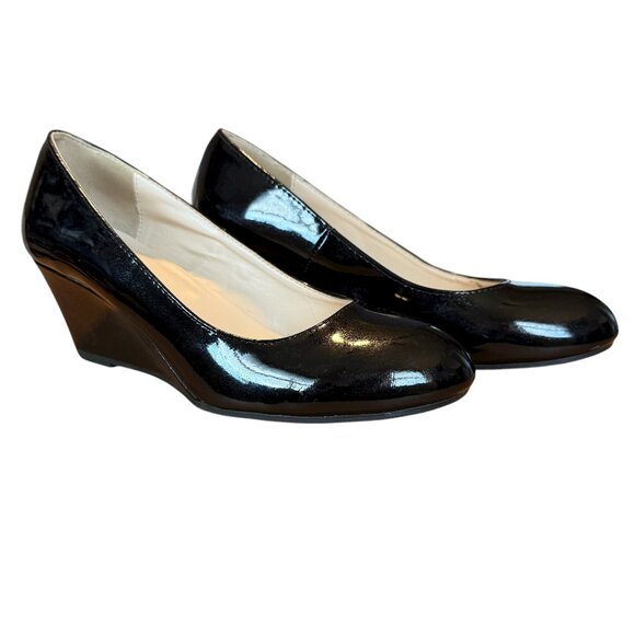 CL By Laundry shiny black slip on wedges dress shoes women's size 6 1/2 - Picture 1 of 12